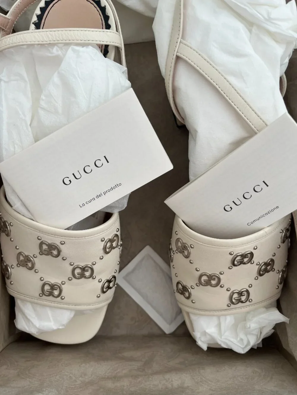 Gucci Mystic White Leather Platform Sandals GG Studded Block Heel Size 39 Box & - Picture 8 of 9